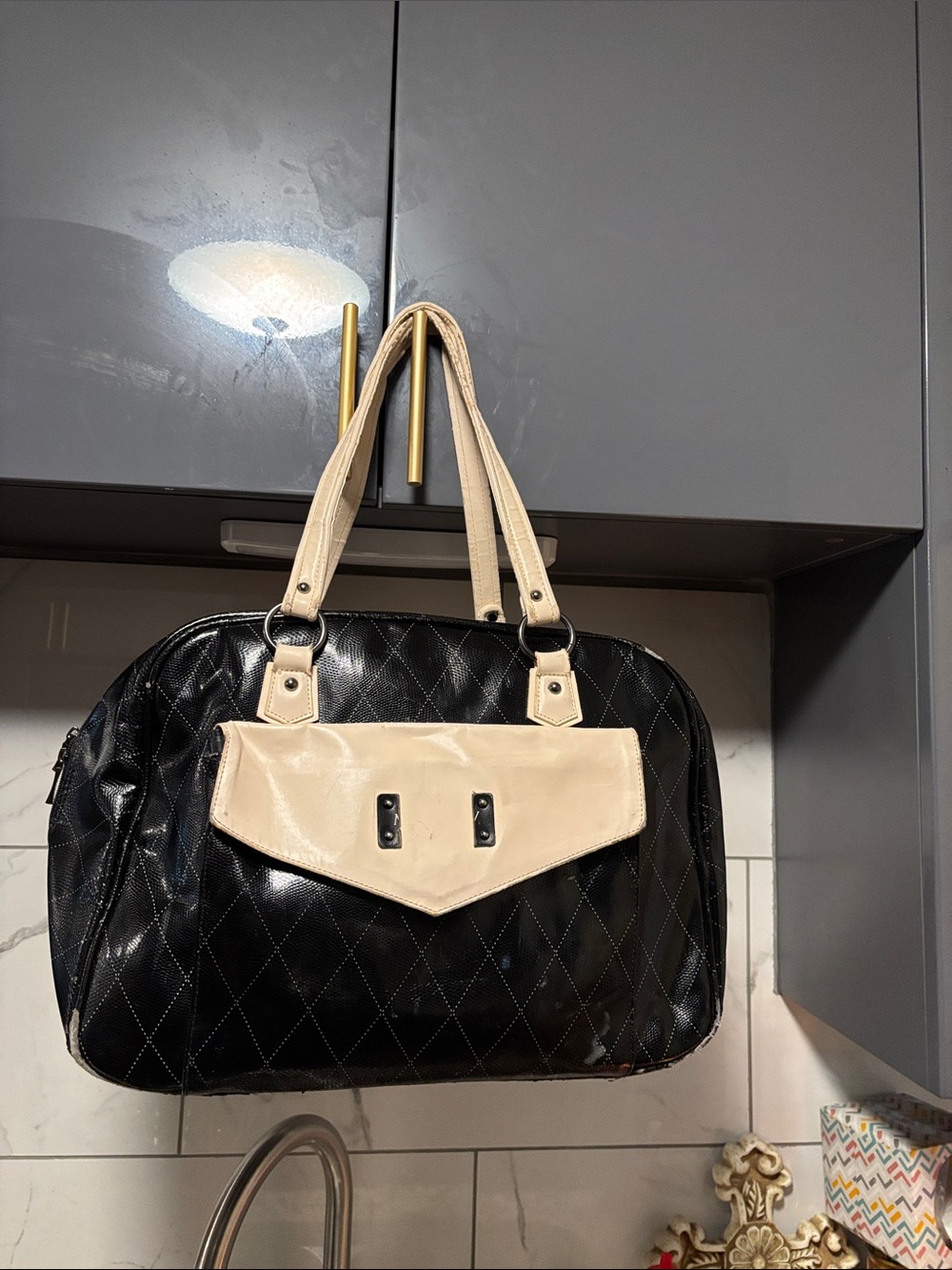 Classic Quilted Tote Bag in Black and Cream-with call outs - wears /rubs.scra